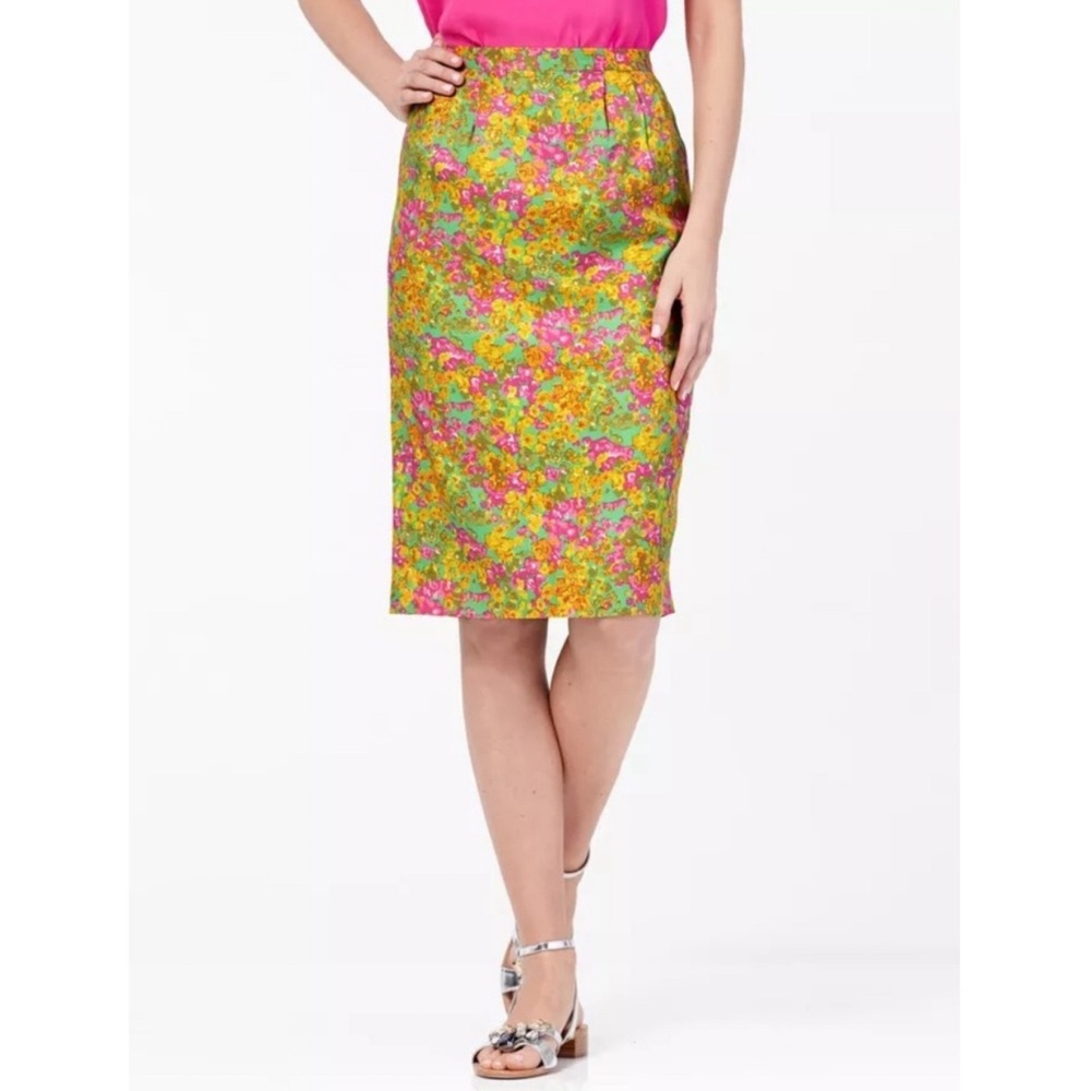 Boden Womens Silk Floral Skirt 6 Green Pink Preppy Pencil‎ Pleated Knee Length